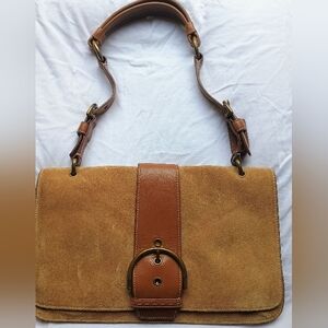 Coach Brown Suede Leather Shoulder Bag Satchel; Buckle Accent E053-9664